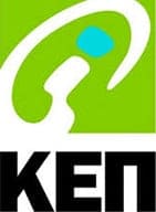 Λογότυπο ΚΕΠ με πράσινο και λευκό φόντο και μπλε σύμβολο πληροφόρησης.